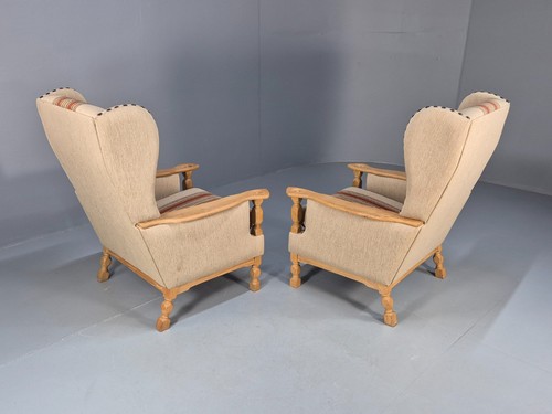 Vintage Wingback Chairs Henning Kjaernulf Oak Beige Orange Striped EB9923 VCLO - Picture 16 of 19