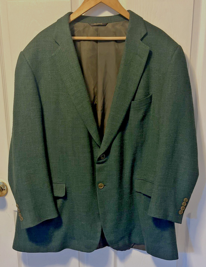 Vintage Paul Stuart 48 L Tall Dark Green Tweed Wool Linen Silk Blend Blazer