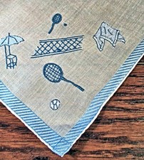 Vtg Tennis Hanky Blue Handmade Applique Embroidery 150
