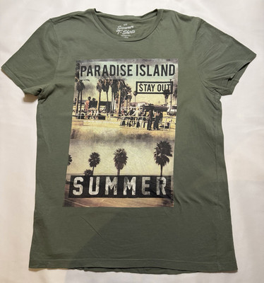 WE T-Shirt Herren Gr. L Grün Rundhals Kurzarm Baumwolle Print Paradise Island