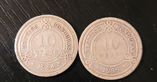British Honduras 10 Cents Silver Coins 1939 & 1944 KM#78 Very Low Mintage
