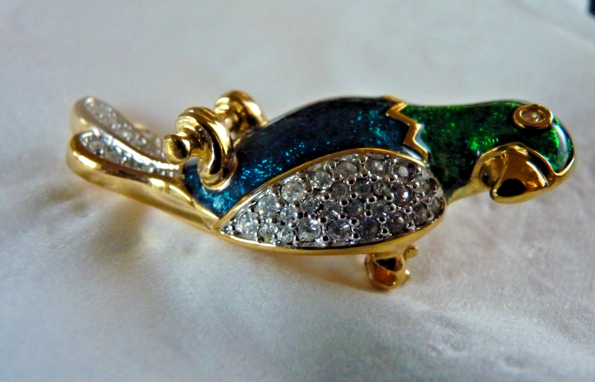 Parrot Pin Signed Swarovski Colorful Enamel Gold Tone Bright Clear