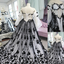 Gothic Wedding Dresses Puffy Sleeves Black 3D Flowers Plus Size Bridal Gowns