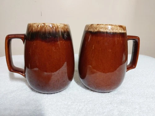 Vintage Hull Ovenproof Brown Drip Large 6" Mugs Pair of 2