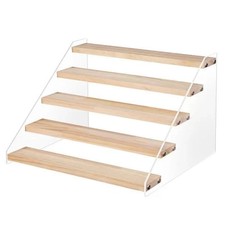 5 Tier Acrylic Wooden Display Stand, Clear Acrylic Display Riser Shelf Wood