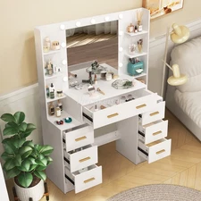 7 Drawers Vanity Desk Set With LED Lights MirrorMakeup Dressing Table Dresser