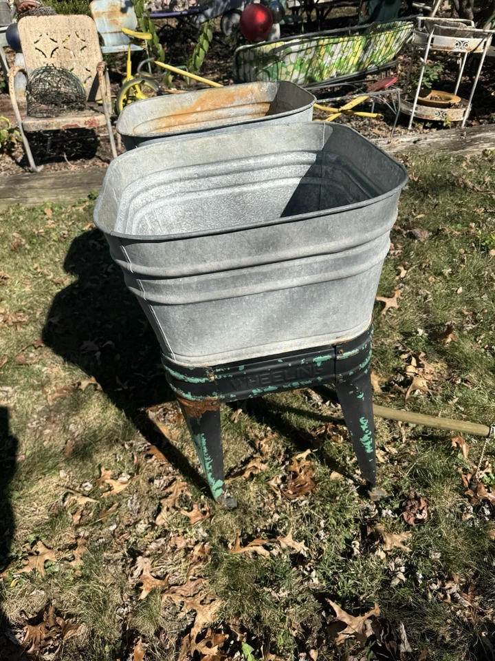 Vintage Double Basin Wash Tub WHEELING stand metal galvanized old rustic planter - Image 4 of 4