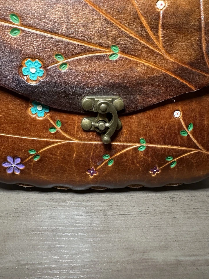 Bolso de flores boho hippie vintage años 70 de cuero pintado a mano Foto 3 de 4