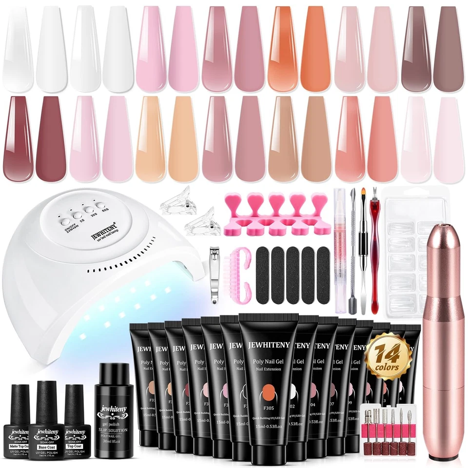 14 peças kit de extensão de unhas de gel poli com lâmpada UV e broca para unhas - conjunto de nail art faça você mesmo - Imagem 3 de 4
