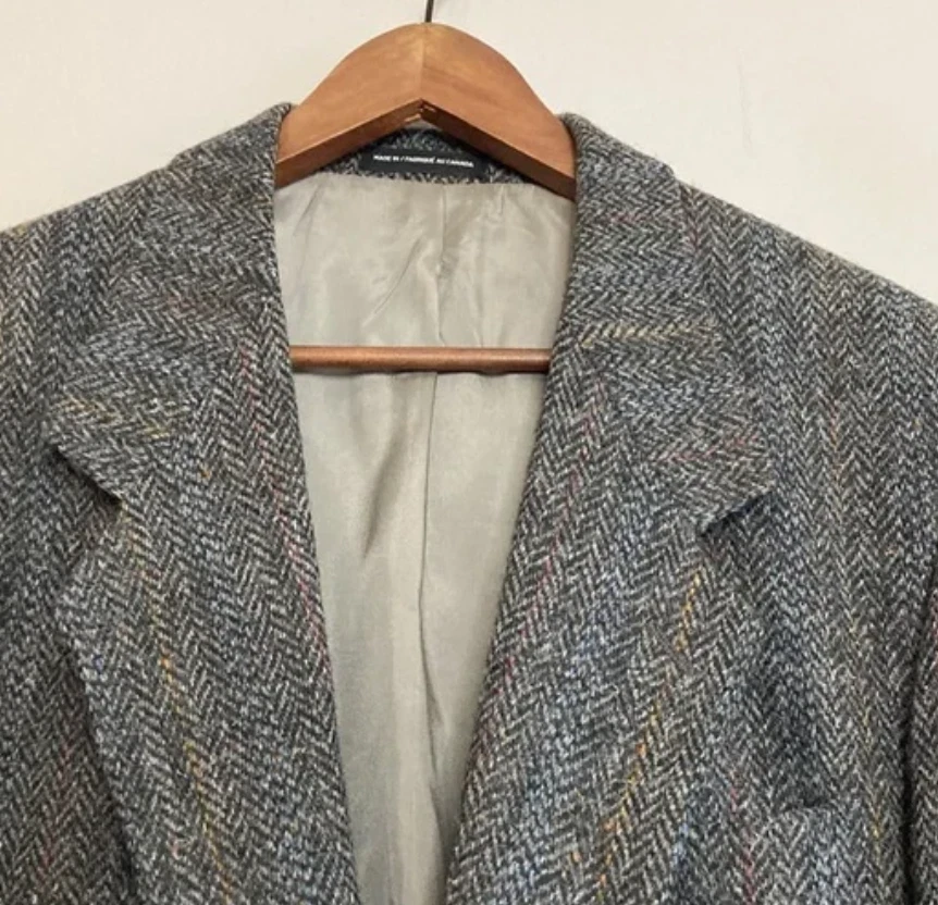 Vintage Harris Tweed Sport Coat Mens 44L Grey Herringbone Wool Blazer Jacket Foto 4 de 4