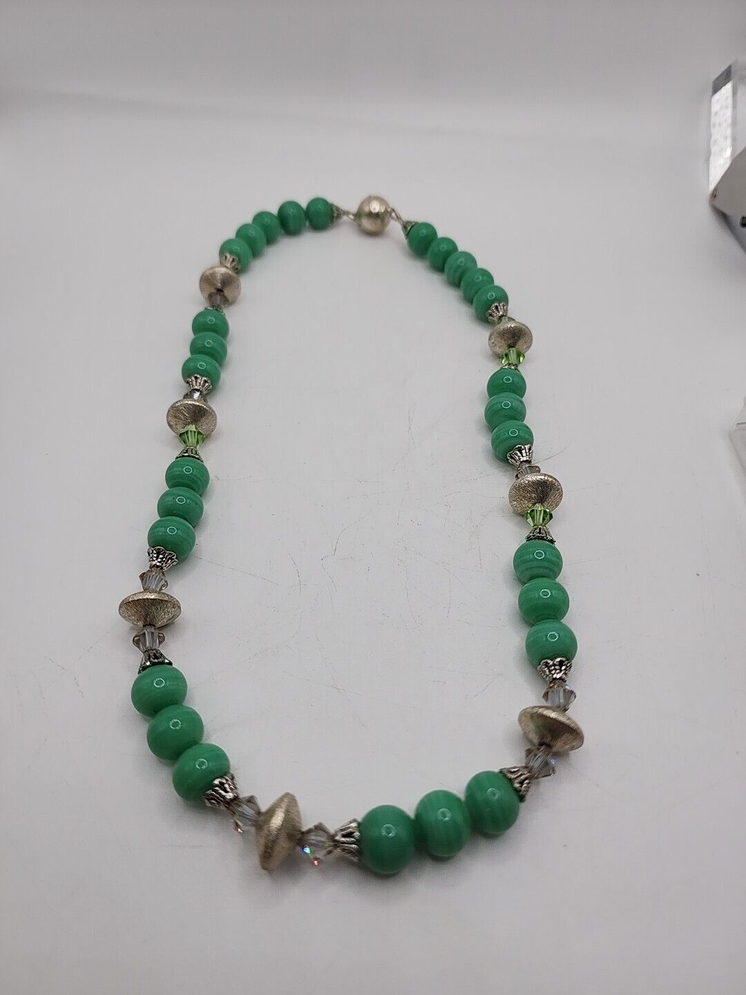 Vintage Glass Beaded Necklace 17 Inch Green Silve… - image 10
