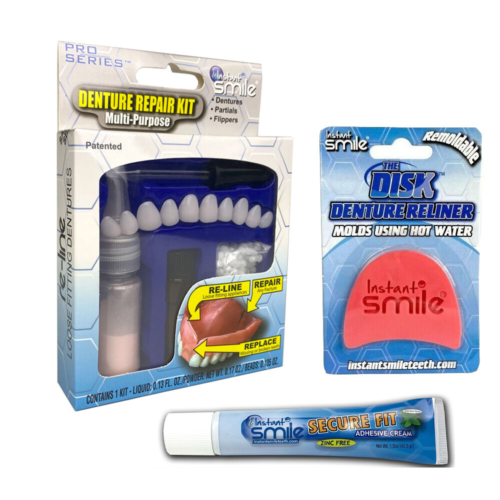 Complete Denture Repair Kit and Reliner Disk with Denture Cream Re