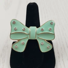 Sea Foam Green Enamel Gold Tone Clear Rhinestone Ribbon Bow Adjustable Ring 