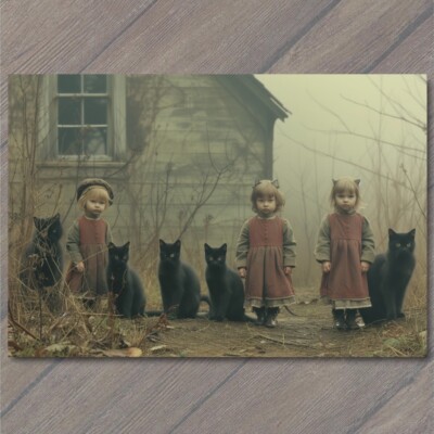POSTCARD Girl Black Cat Weird Creepy Pet Old Vibe Unusual Cute Scary Strange Fun