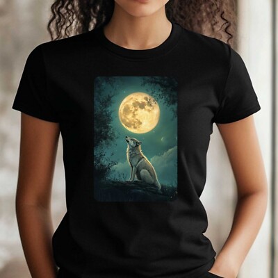 Women's Wolf and Full Moon Motif Cotton T-Shirt Size S to 3XL