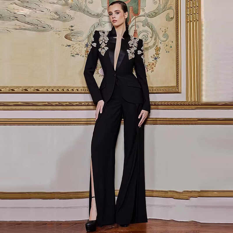 Occident Womens Rhinestone Stand Collar Suit Jacket Long