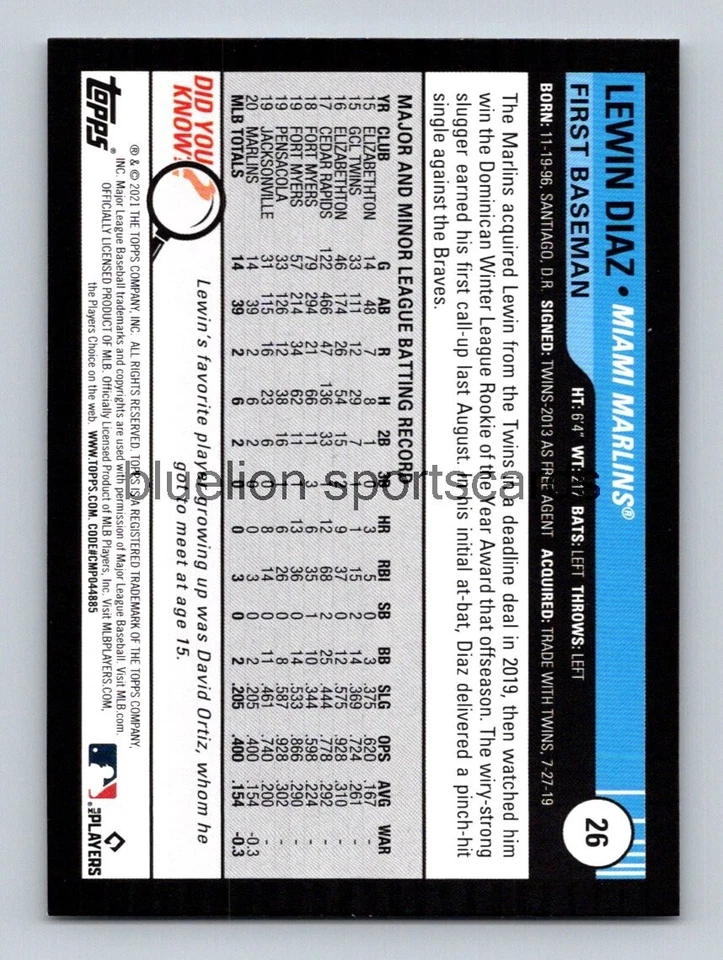 2021 Topps Big League #26 Lewin Diaz RC - Image 2 of 2