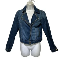 kitsch Embellished Metal studded Denim jean moto jacket Size M