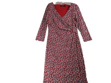 Lauren Ralph Lauren Dress Womens 12 Red Black Faux Wrap Ditsy Floral Midi Ruched