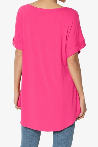 TheMogan S~3X Wide V-Neck Cuffed Short Sleeve Curved Hem Luxe Jersey Top - Picture 130 of 212