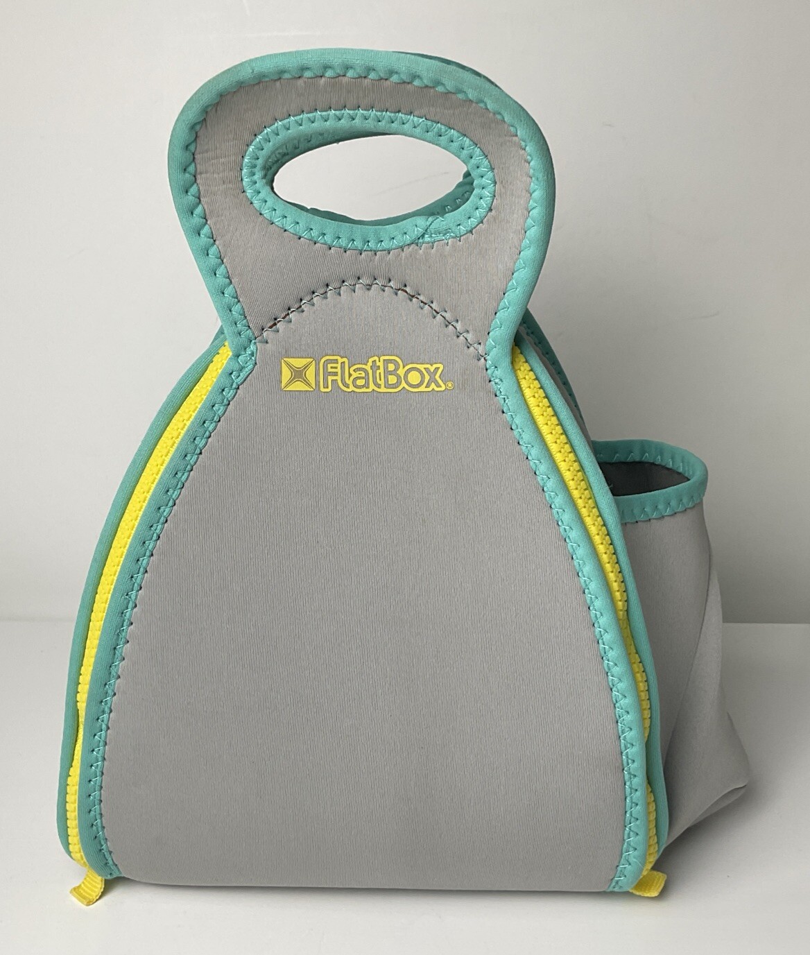 Foldable Insulated Neoprene Lunch Box Gray Teal Unzips Into 