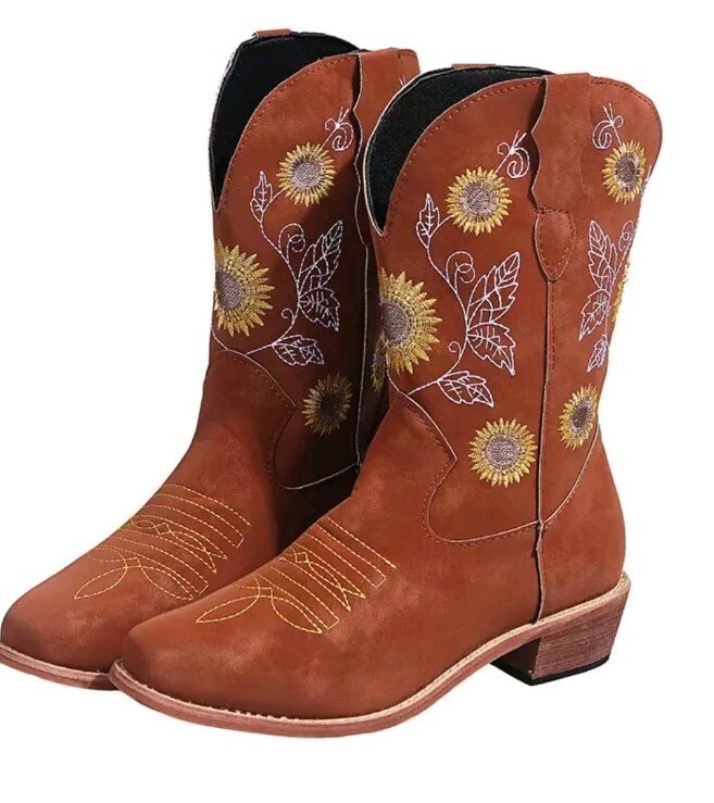 Women Sunflower Riding Boots, Rodeo, Wedding, Embroidered Square Toe  Western