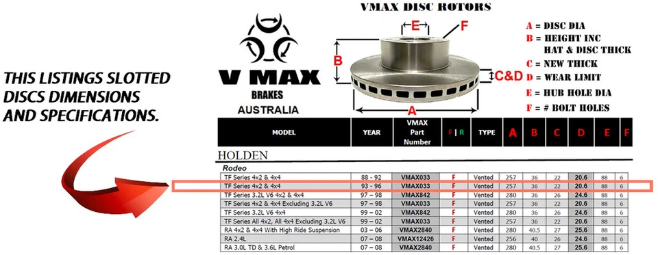 S SLOT fits HOLDEN Rodeo TF Series 4x2 4x4 93-96 FRONT Disc Brake Rotors & PADS - image 2 of 4