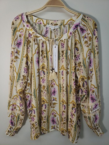 NWT Jane Delancey Floral Top Blouse Size M Tie Neck Long Sleeve Flowy Cottage - 第 1/8 張圖片