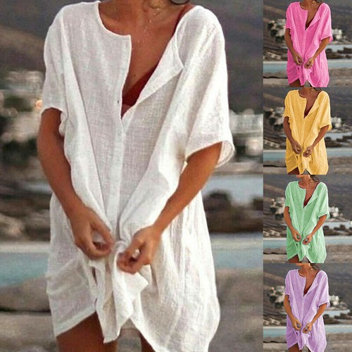 Women Cotton Linen Asymmetrical Loose Tunic Top V Neck T Shirt Blouse Mini Dress - Picture 2 of 96