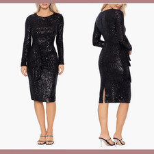 NWT $288 XSCAPE [ 16 ] Long Sleeve Sequin Cocktail Dress in Black #J374