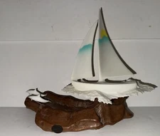 John Perry Nautical Sculpture Pellucida Sailboat Dolphins Burlwood Vintage MCM