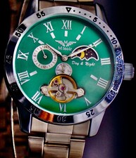 Edle Luxus Minoir Automatikuhr Armbanduhr Herrenuhr Grün offene Unruh Glasboden!
