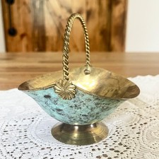 Vintage Brass Basket Faux Verdigris Twisted Rope Handle Made in Italy 4  