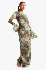 BNWT Boohoo Green Brown Floral Flare Sleeve Backless Mesh Maxi Dress  - Size 8
