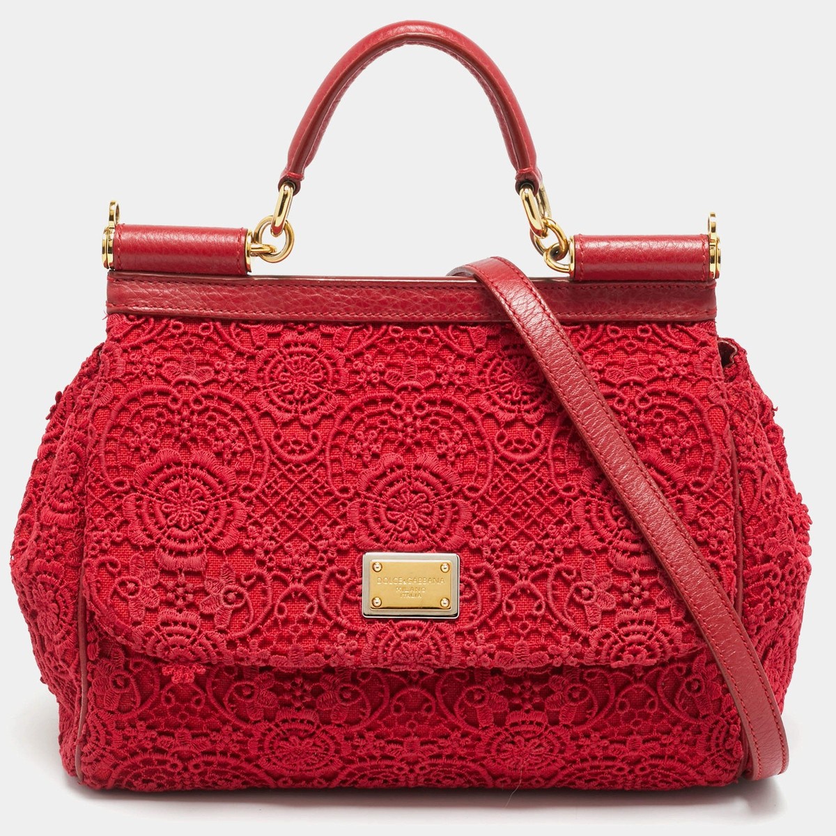 Dolce Gabbana Miss Sicily Medium Red Floral Crochet Canvas Top