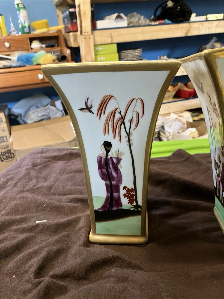 Matching Chelsea House Hand Painted Gold Trim Porcelain Vases 9" Tall - Image 2 of 4