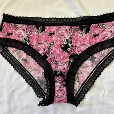 Vtg Panties PRETTY Small Black Pink Floral Soft Nylon Bikini Lace Trim