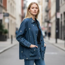 Current Air Chambray Button Up Embroidered Flowers Jacket Blazer No Belt Size M