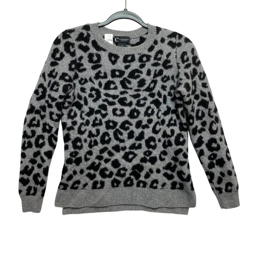 C by Bloomingdales Cashmere Sweater Womens Small Gray Leopard Print Pullover