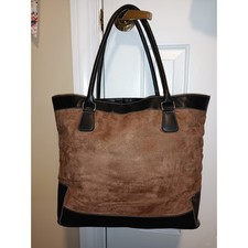 Women  s Brown Suede Large Shopper Tote with Black Faux Leather Trim - EUC