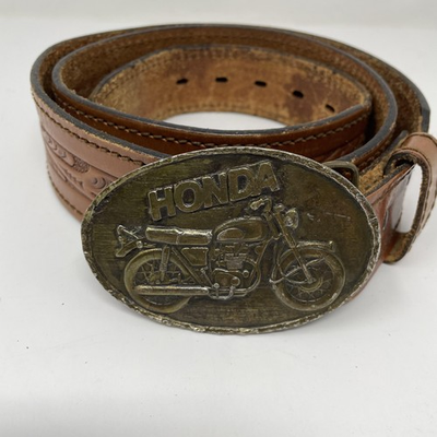 #ad #ad Vintage Honda Belt Mens 40 Brown Leather Tooled Brass Motorcycle Buckle Western $32.99