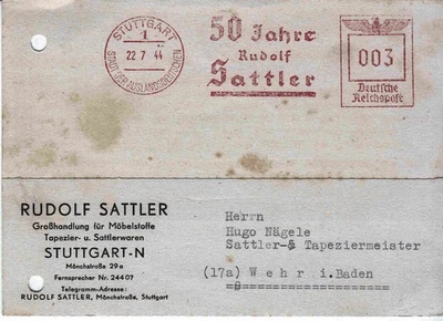 ZB18 - alte Postkarte von 1944 mit Firmen-AFS von Stuttgart nach Wehr (Baden) - Bild 1 von 2