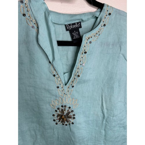 Rafaella Womens Linen Shirt Size 8 Green Embroidered Top - Picture 2 of 4