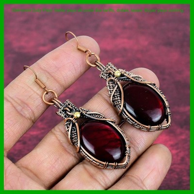 Red Fire Labradorite Gemstone Copper Dangle Drop Wire Wrapped Earrings Jewelry