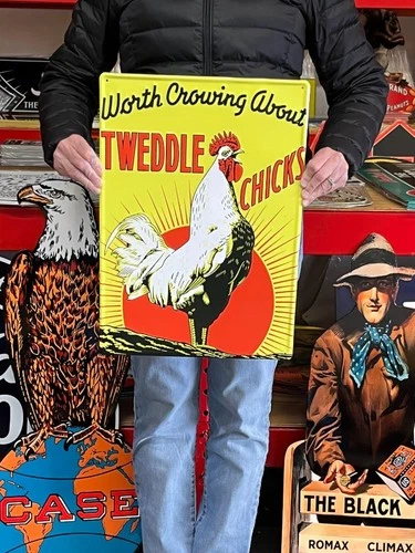 Antique Vintage Style Metal Sign Tweedle Chicks Rooster Chicken Made in USA
