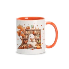 Hyturtle Fall Halloween Coffee Mug - Cute Ghost Reading Book Mug - Maple Leav...