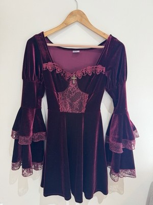 Burgundy VELVET mini DRESS Lace Long Flare trumpet Sleeves Ssmall Whimsigoth