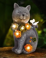 Vuees Solar Garden Statues Outdoor Decor, 6 LED Cat Flowers Butterfly Gray
