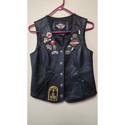Harley Davidson Womens Vintage Leather Biker Vest S Pins Patches Fallen Heroes