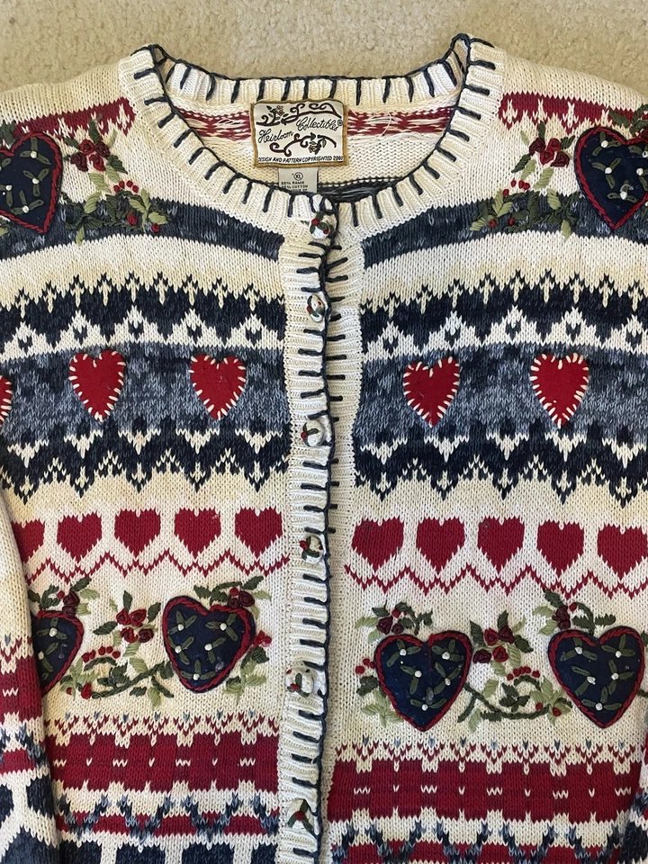 Cárdigan de Colección Reliquia Coleccionables L Abuela Suéter Bordado Corazones Retazos Foto 2 de 4